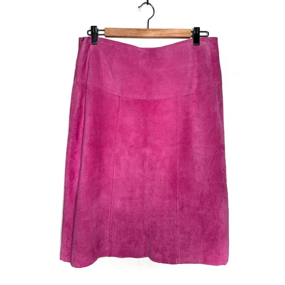 In Suede | Pink Floral Perforated Suede Knee Length Skirt Size 8